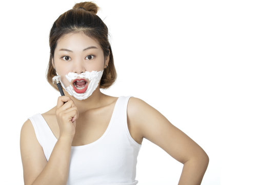Chinese woman  shaving isolated on a white background