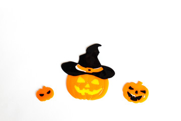 Top view of Halloween crafts, pumpkin on white background with copy space for text. halloween concept. Flat lay