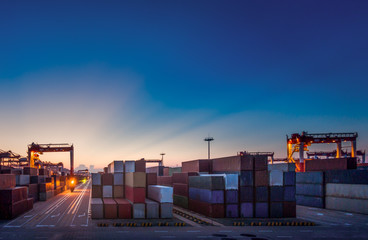 When the container terminal at dusk, work cranes and forklift.