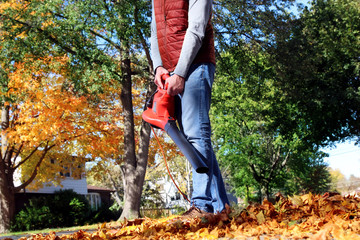 Man working with  leaf blower: the leaves are being swirled up and down on a sunny day