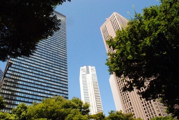 Tall buildings towering over trees in Tokyo, Japan