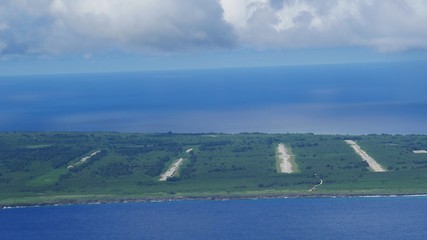 Aerial shot of the four abandoned runways at the North Field on Tinian. 