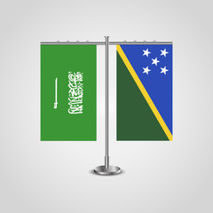 Table stand with flags of Saudi Arabia and Solomon islands.Two flag. Flag pole. Symbolizing the cooperation between the two countries. Table flags