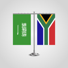 Table stand with flags of Saudi Arabia and South Africa.Two flag. Flag pole. Symbolizing the cooperation between the two countries. Table flags
