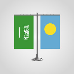 Table stand with flags of Saudi Arabia and Palau.Two flag. Flag pole. Symbolizing the cooperation between the two countries. Table flags