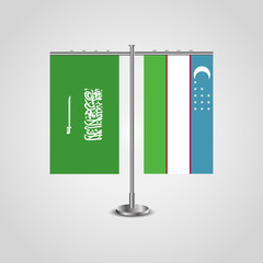 Table stand with flags of Saudi Arabia and Uzbekistan.Two flag. Flag pole. Symbolizing the cooperation between the two countries. Table flags
