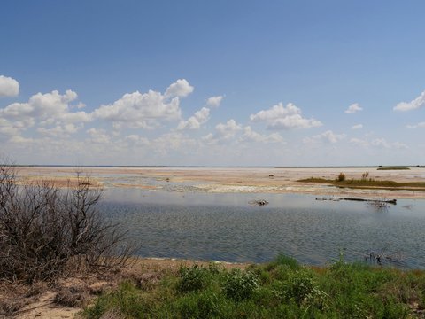 Vast salt plain with a ponds of water around on a hot day 
