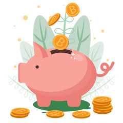 Pig bank and gold bitcoins. Concept of modern earnings and savings. Vector Illustration.