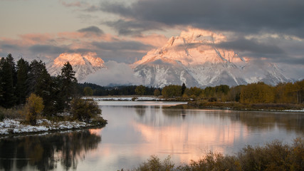 Sunrise at Oxbow Bend, Snake River with Mount Moran's reflection at Grand Teton National Park, USA
