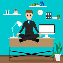 Man  freelancer sitting on the table, she is a happy worker. Vector illustration.