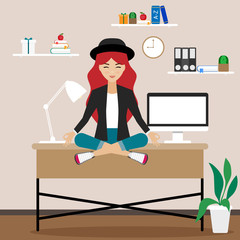 Girl freelancer sitting on the table, she is a happy worker. Vector illustration..