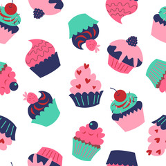 Cute seamless texture with cupcakes on white background