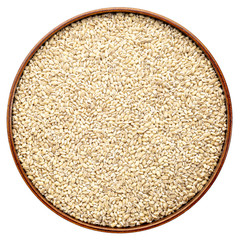 pearl barley grain in round tray