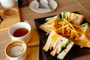 Club sandwich, ham and cheese.