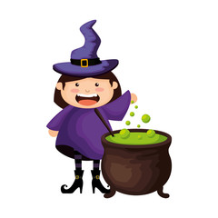 girl dressed up as a halloween witch with cauldron
