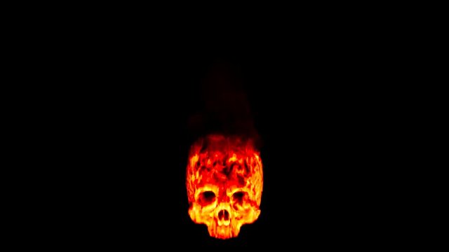 Animated engulf in intense scary looking red flames with dark smoke skull for Halloween use or other scary effect. Isolated and easy to loop, 360 degree spin, easy to loop. Mask included.