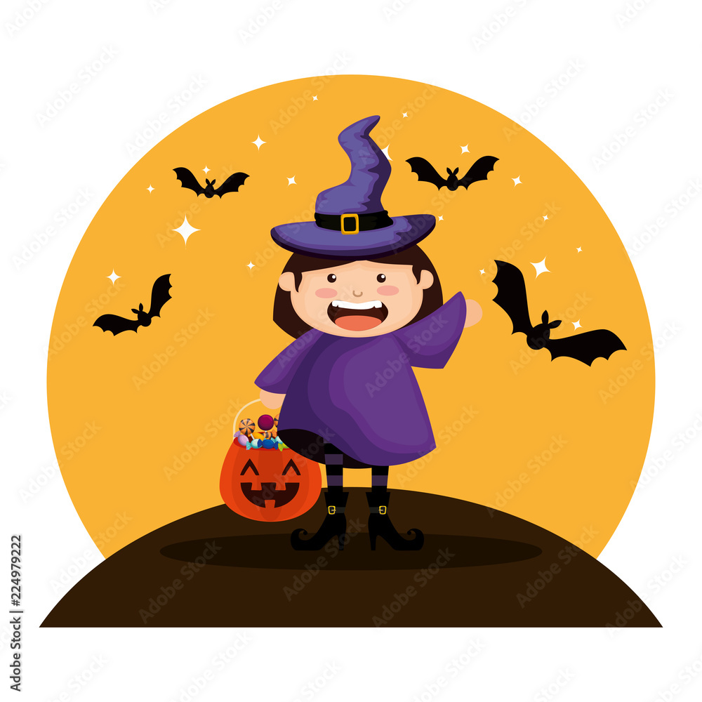 Wall mural girl dressed up as a halloween witch with bats flying