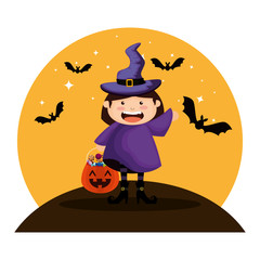 girl dressed up as a halloween witch with bats flying