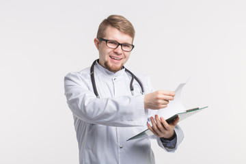 Medicine and health concept - doctor smiling with stethoscope holding document folder on white background