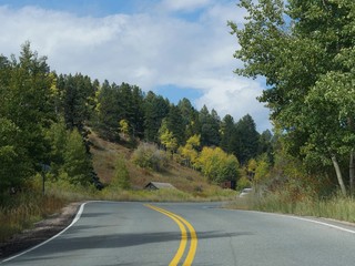 Winding roads with cabins by the roadside at the Golden Gate Canyon State Park in Golden, Colorado