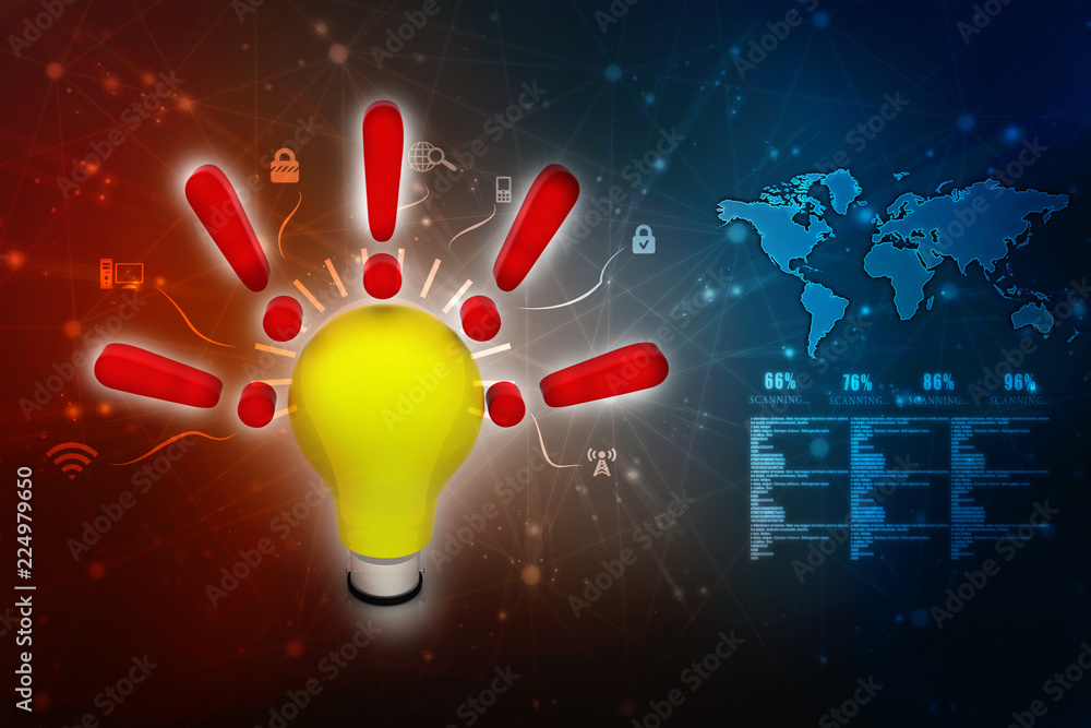 Poster 3d rendering idea concept, exclamation mark with light bulb