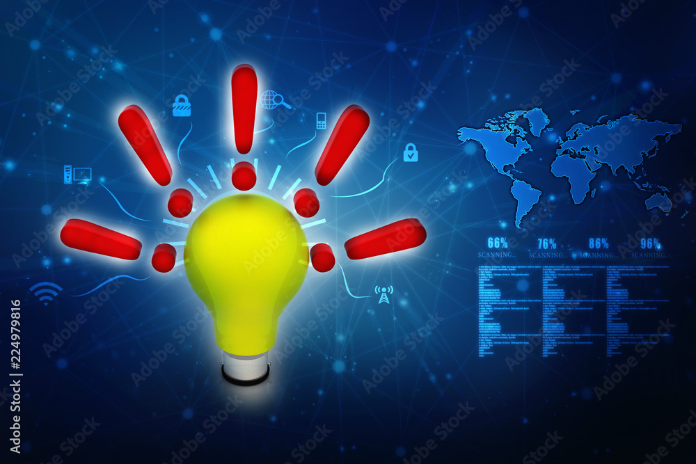 Poster 3d rendering idea concept, exclamation mark with light bulb