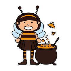 girl dressed up as a halloween bee with cauldron