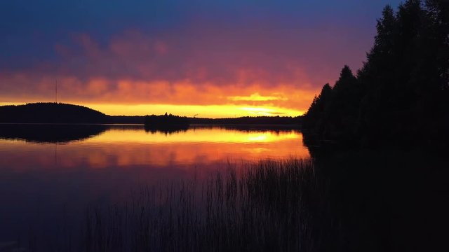 Drone shot of lake with reflection of sky during sunset, Nurmes, Finland