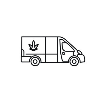 Delivery van truck vehicle vector line art icon black on white background cannabis marijuana industry business symbols