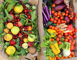 two boxes of fruits and vegetables for sale