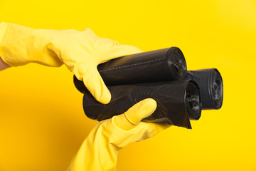 New plastic garbage bag, black dump container.