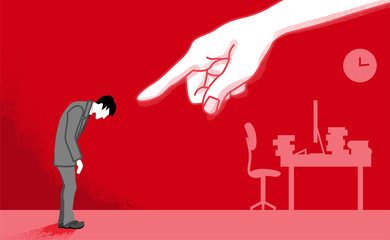 Businessman who is pointed by the huge hand - Power Harassment concept art