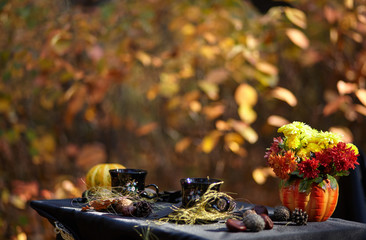 Fototapeta na wymiar Autumn still life with a pumpkin, chrysanthemums and black cups on a table in the autumn forest