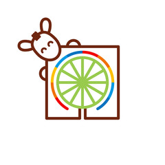 Colorful ferris wheel logo template and happy horse. Vector illustration.