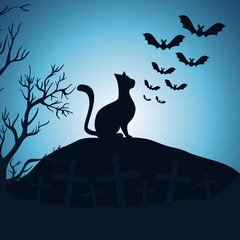 halloween night cemetery with cat scene