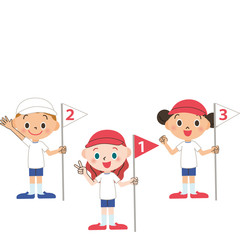 運動会で順位の旗を持つ子供達