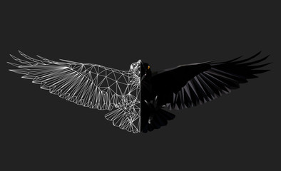 Raven in flight on grey background, low poly triangular and wireframe vector illustration EPS 8 isolated. Polygonal style trendy modern logo design. Suitable for printing on a t-shirt.