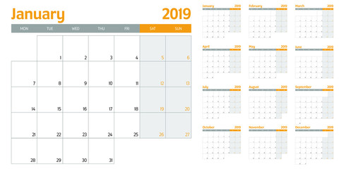 Calendar planner 2019 template vector illustration all 12 months week starts on Monday and indicate weekends on Saturday and Sunday