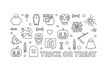 Trick or Treat vector outline illustration. 31 October banner