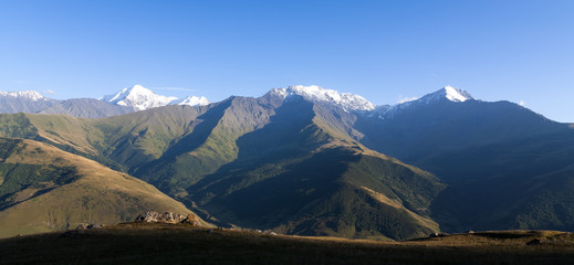 Mountain landscape panorama, sunny morning in the mountains.