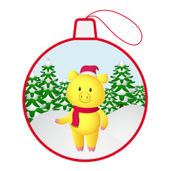 Golden pig on Christmas ball. Chinese New Year 2019 symbol. Vector illustration.