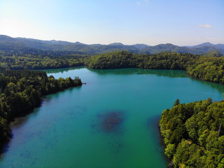 Fototapeta na wymiar Aerial view of beautiful color lake and forest in Hokkaido, Japan