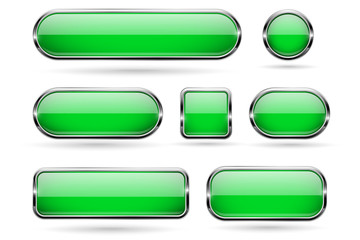 Green glass buttons with chrome frame. 3d icons