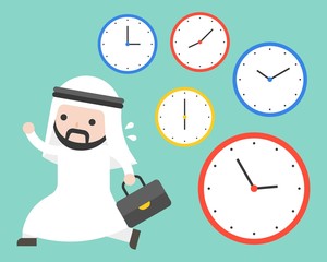 Arab businessman running in rush hours and clocks