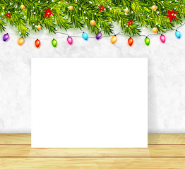 Greeting card with christmas tree branches and garlands. Christmas background vector