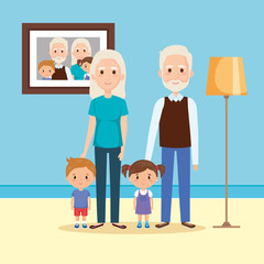 grandparents with grandson and granddaughter in house