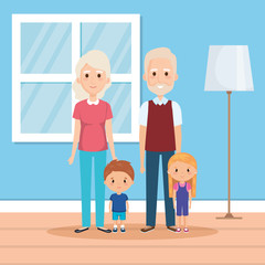 grandparents with grandson and granddaughter in house