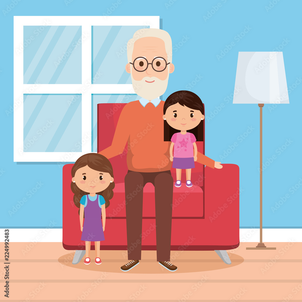 Wall mural grandfather with granddaughters on livingroom