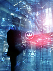 Double exposure people network structure?? HR - Human resources management and recruitment concept. Abstract Cover Design Vertical Format.