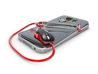 3d Illustration of Phone repair and service concept.Smartphone being diagnosed with a stethoscope